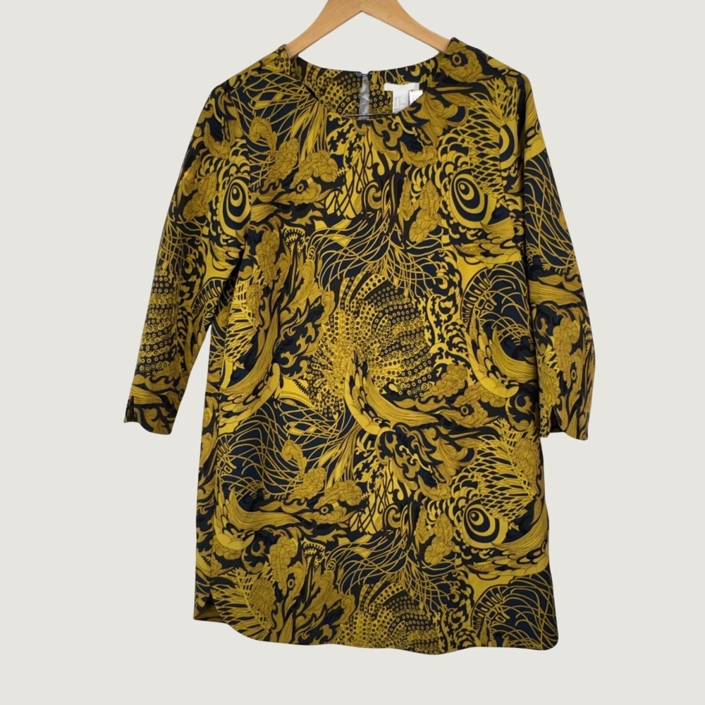 H&M Shift Dress Size 12 Yellow Black Dragon Oriental Print Long Sleeve Mini